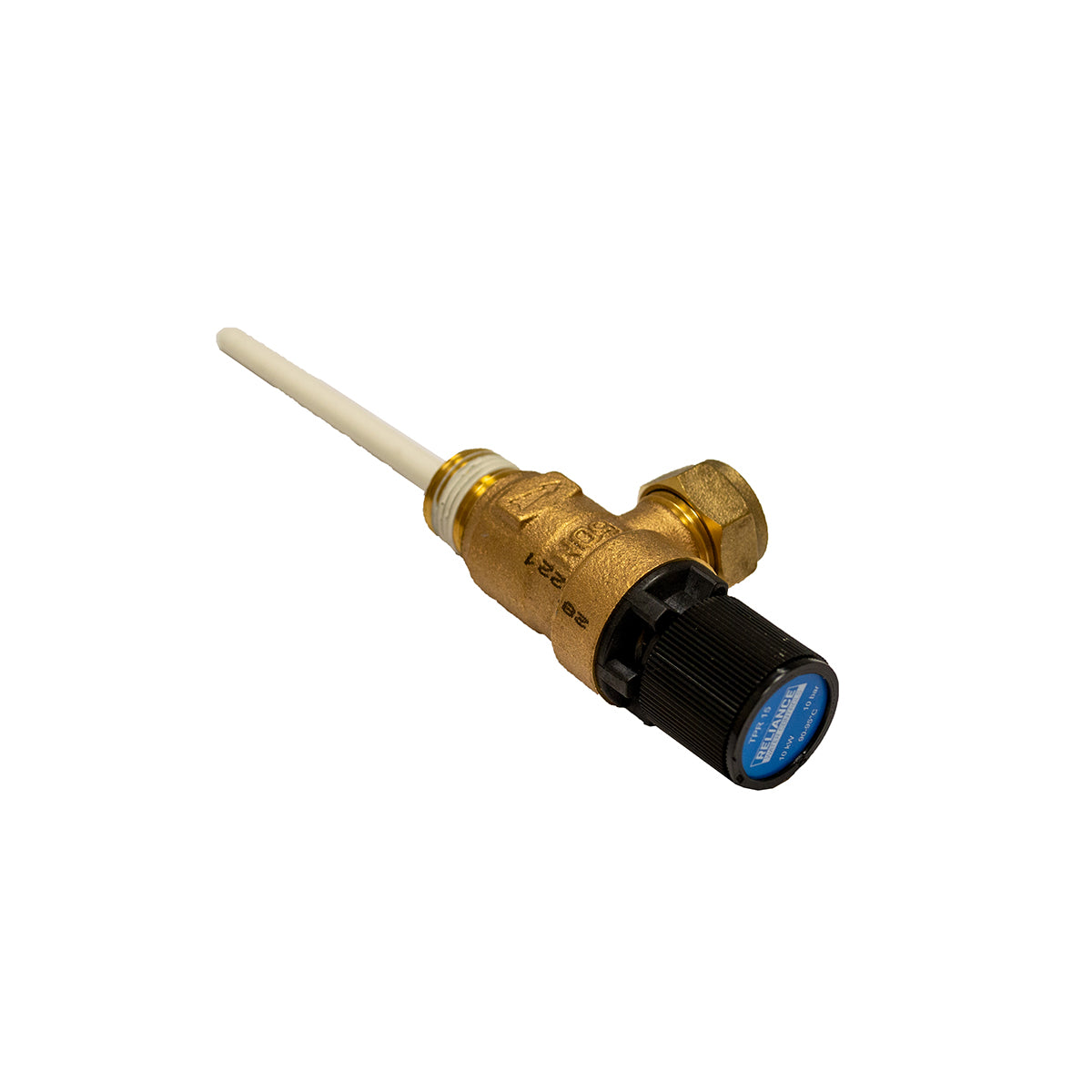 A bronze-colored metal pressure and temperature relief valve with a black twist top cartridge and a blue probe.
